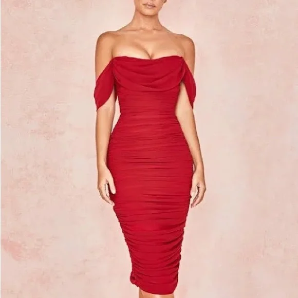 House of CB | Dresses | House Of Cb Carlotta Wine Red Ruched Draped Chiffon  Dress | Poshmark